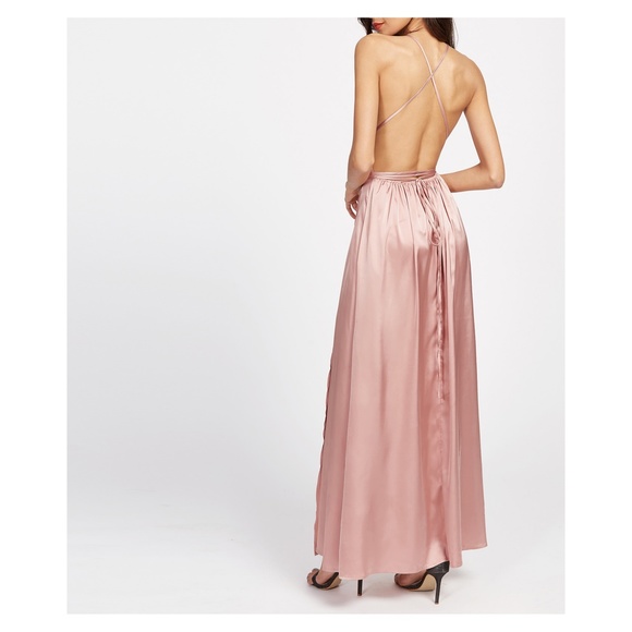Pink Satin Plunge Backless Slit Maxi Dress - Picture 4 of 4